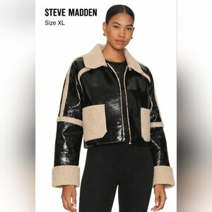 Steve Madden Women’s Faux Shearling Aviator Jacket Black Beige Cropped XL NWOT